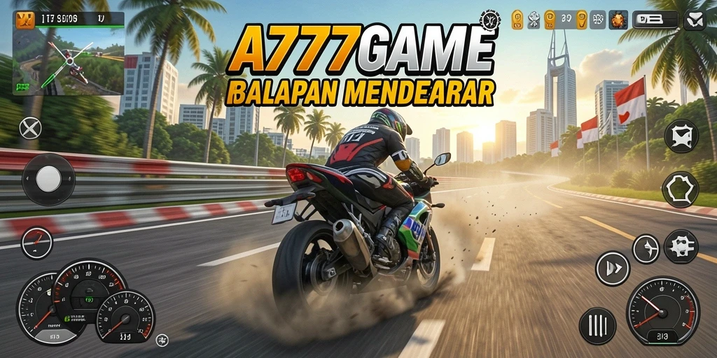 Tampilan screenshot A777GAME menunjukkan aksi seru di lintasan balap motor.
