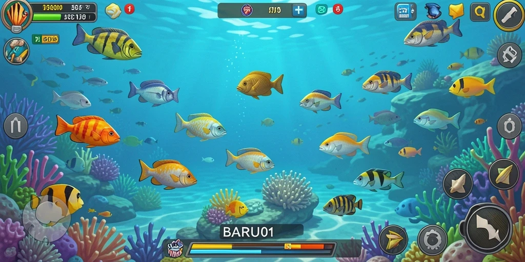 Tampilan gameplay <strong>BARU01</strong> saat menangkap ikan di bawah laut.