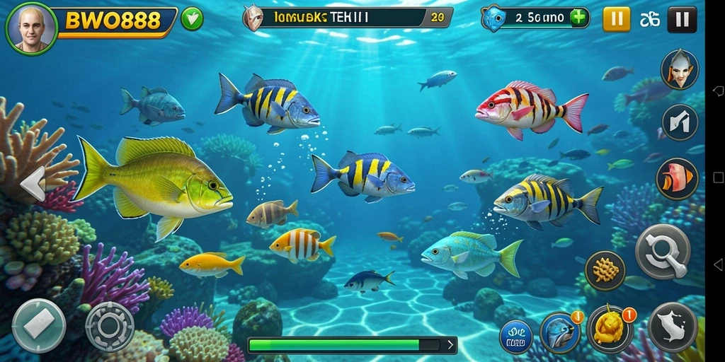 Tampilan gameplay BWO888 dengan aksi menembak ikan yang seru.