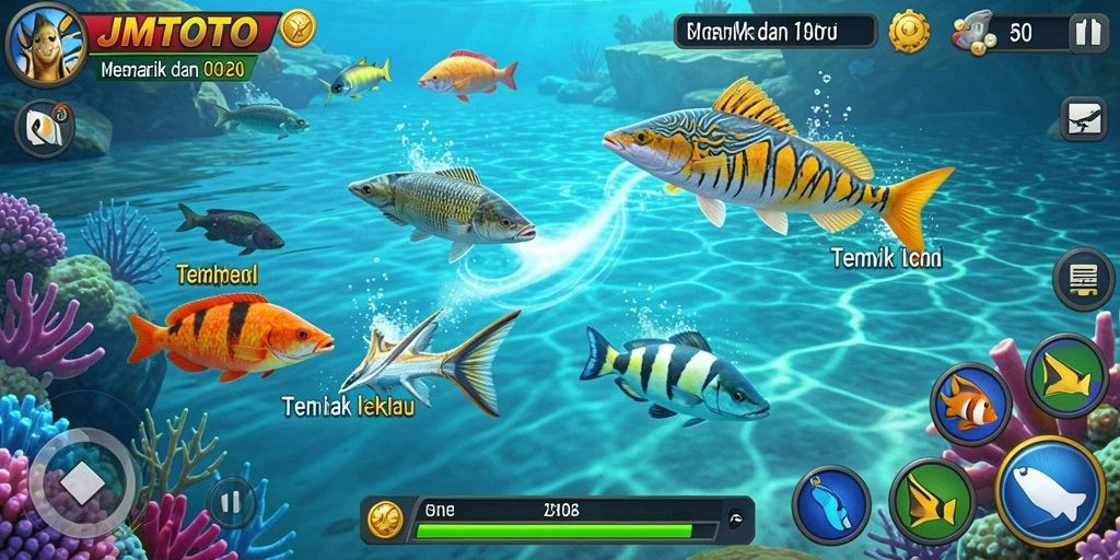 Tampilan gameplay JMTOTO dengan ikan berwarna-warni di layar.