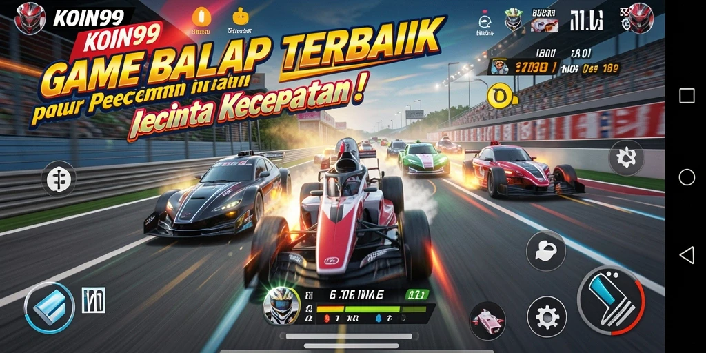 Screenshot dari gameplay KOIN99 yang menunjukkan mobil balap beraksi di lintasan.