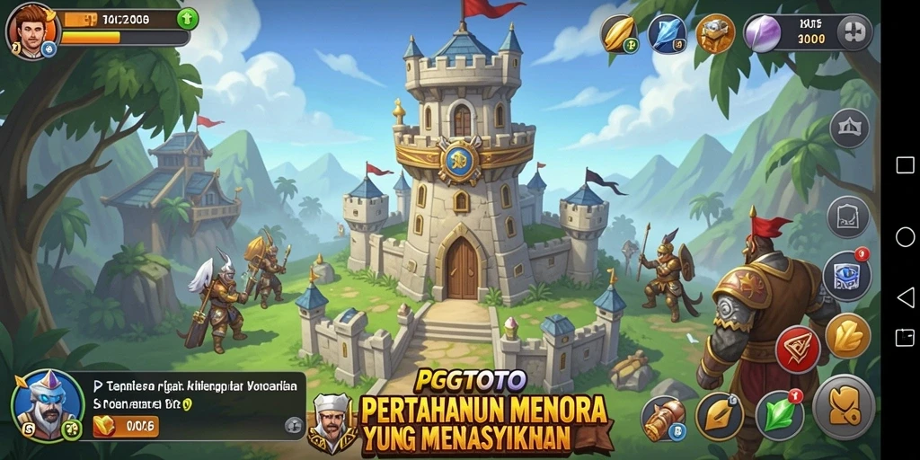 Screenshot gameplay <strong>PGTOTO</strong> yang menunjukkan menara bertahan melawan musuh.
